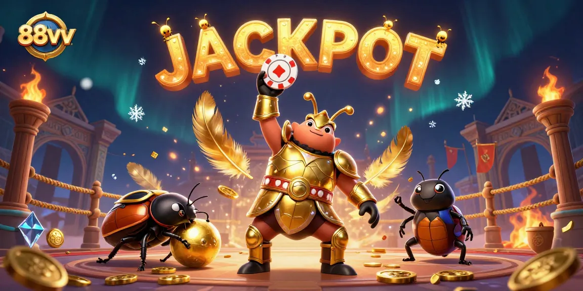 Engage in thrilling gameplay at 88vv with a joyful hercules beetle celebrating a jackpot victory.