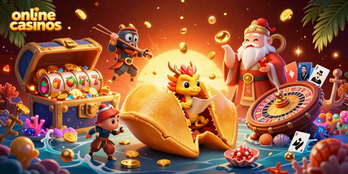 Engage with online casinos through riches in this vibrant 3D illustration featuring gold coins, fortune cookies, and dynamic game elements.
