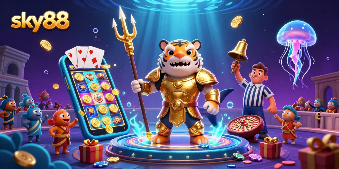 Engage in thrilling gameplay with sky88's vibrant underwater casino scene featuring dynamic characters and slot action.