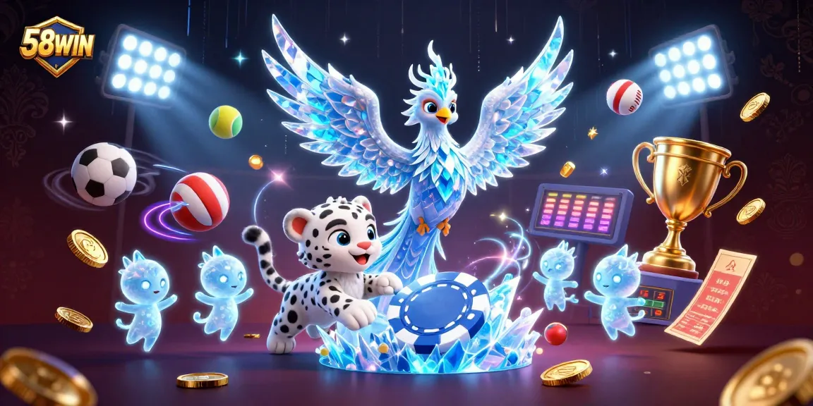 Join the excitement at 58WIN with a dazzling illustration of gaming elements and vibrant characters.
