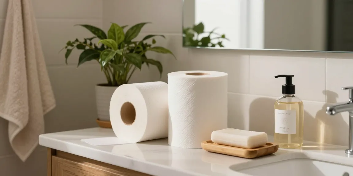 Bamboo Toilet Tissue and kitchen rolls arranged in a sustainable bathroom, showcasing eco-friendly living.