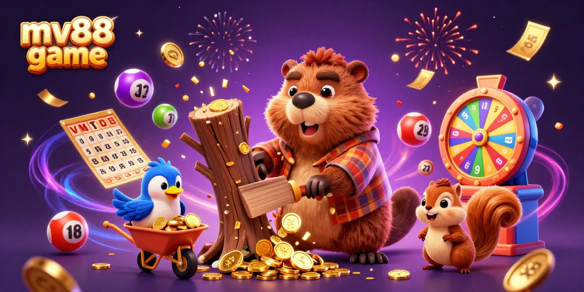 Engage with the thrilling mv88 game as a beaver chops a coin-raining tree, surrounded by vibrant casino elements.