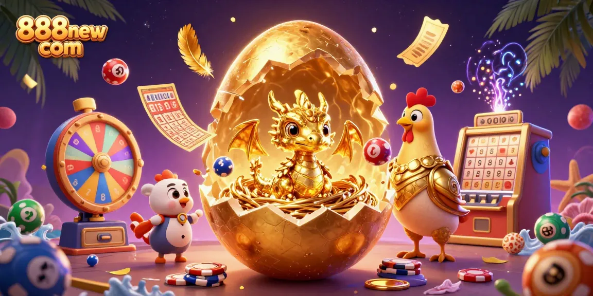 Engage with thrilling activities at 888new com as a dazzling dragon emerges from a golden nest amidst vibrant gaming elements.
