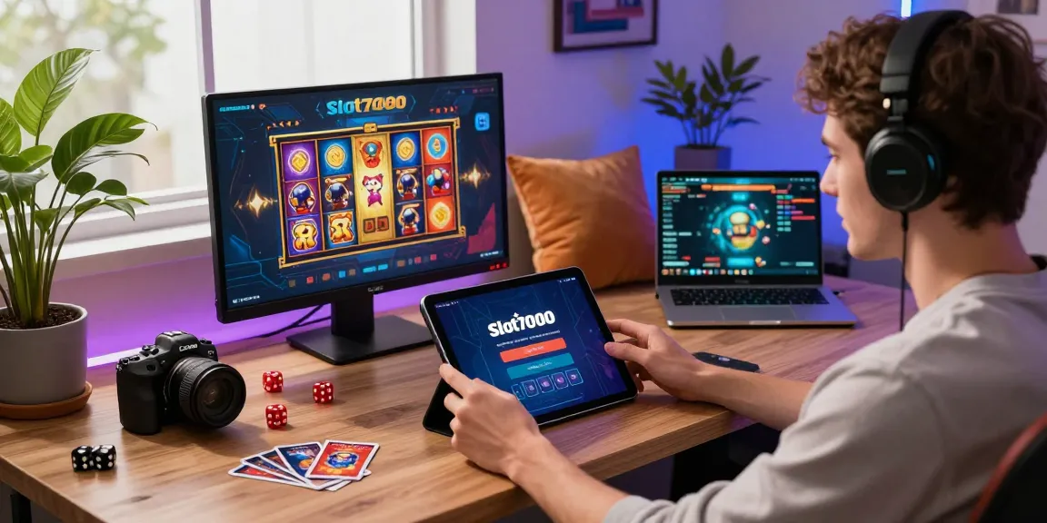 Engaging Slot7000 gaming workspace featuring user on tablet and vibrant visuals
