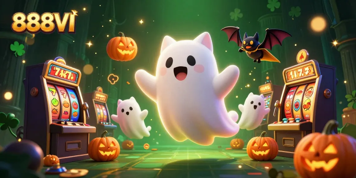 Engage with 888VI in a vibrant haunted casino scene, featuring a friendly ghost cat, a bat, and glowing poker pumpkins.