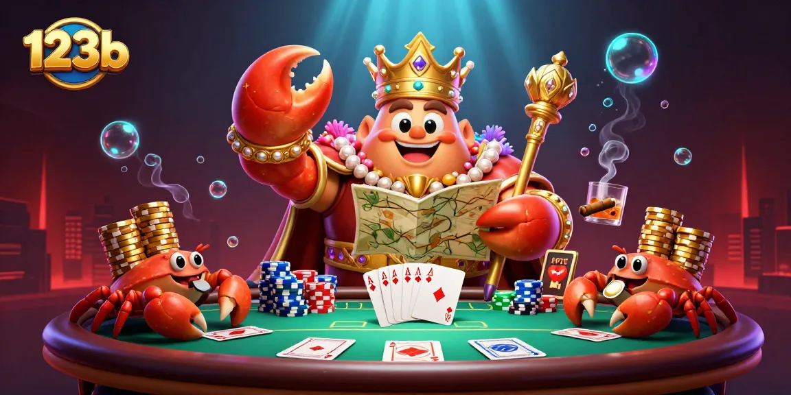Engage with 123b's vibrant casino scene featuring a golden crab emperor and poker elements.