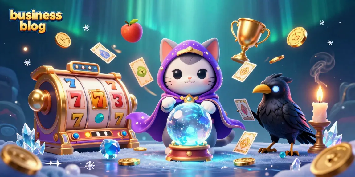Engage with our business blog showcasing a vibrant casino scene with a mystic cat and raven.